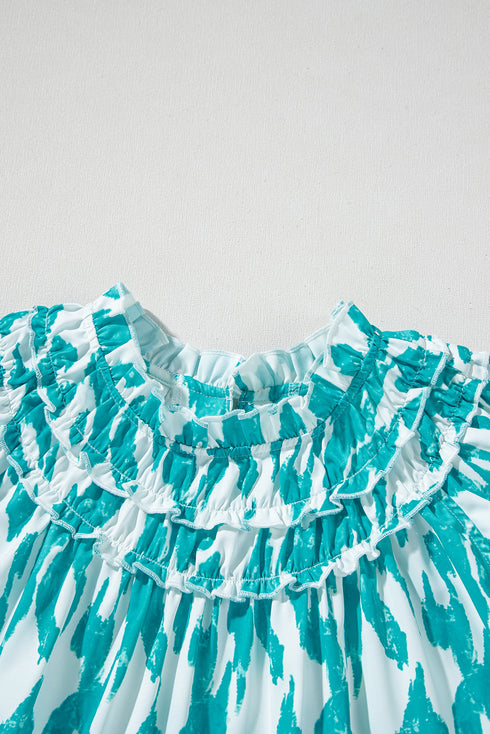 Abstract Print Frilled Crewneck Loose Fit Woven Blouse