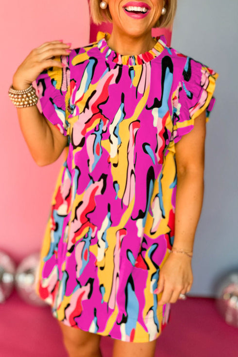 Abstract Print Frilled Neck Ruffled Sleeve Mini Dress