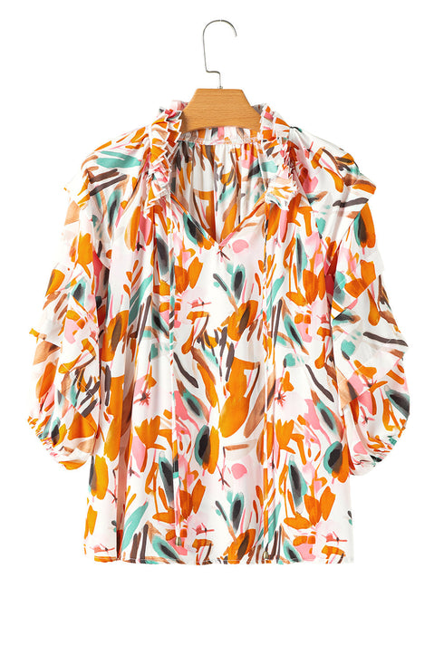 Abstract Print Frilled Neckline Drawstring Tie Blouse