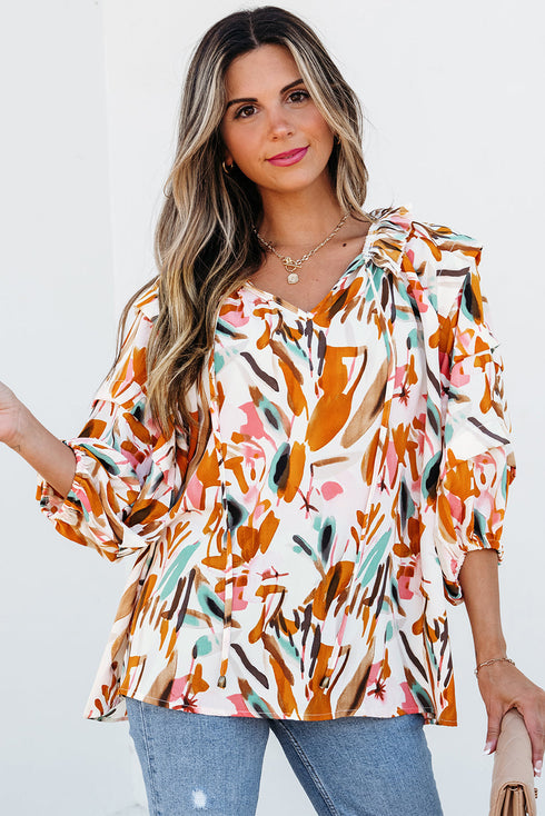 Abstract Print Frilled Neckline Drawstring Tie Blouse