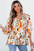 Abstract Print Frilled Neckline Drawstring Tie Blouse