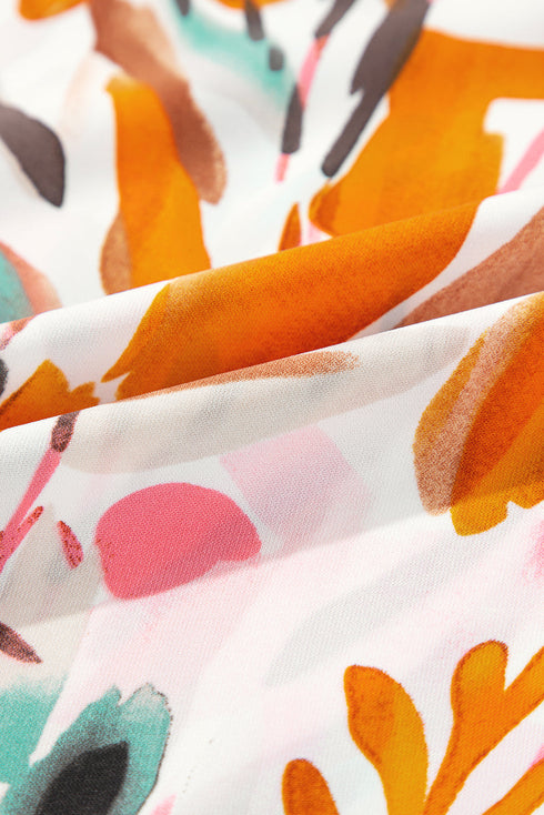 Abstract Print Frilled Neckline Drawstring Tie Blouse