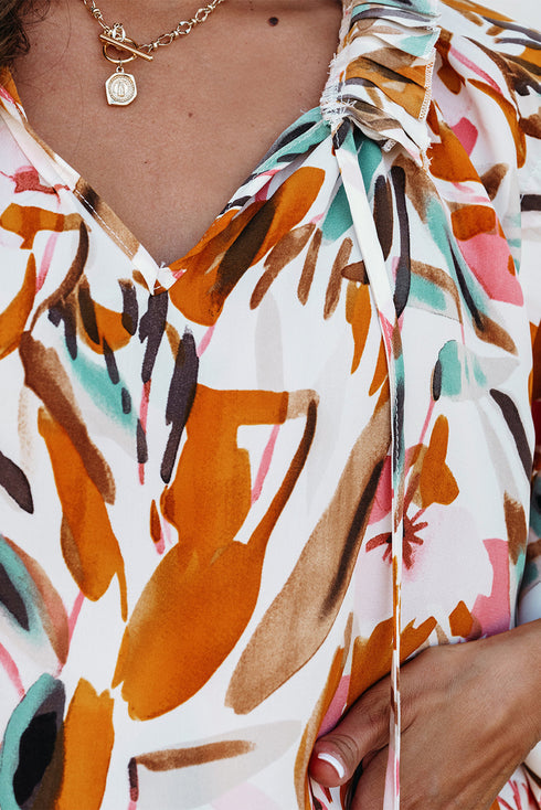 Abstract Print Frilled Neckline Drawstring Tie Blouse