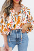 Abstract Print Frilled Neckline Drawstring Tie Blouse