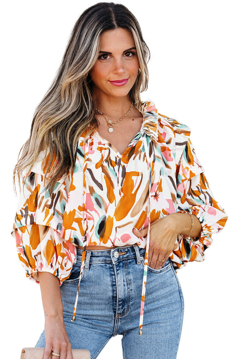 Abstract Print Frilled Neckline Drawstring Tie Blouse