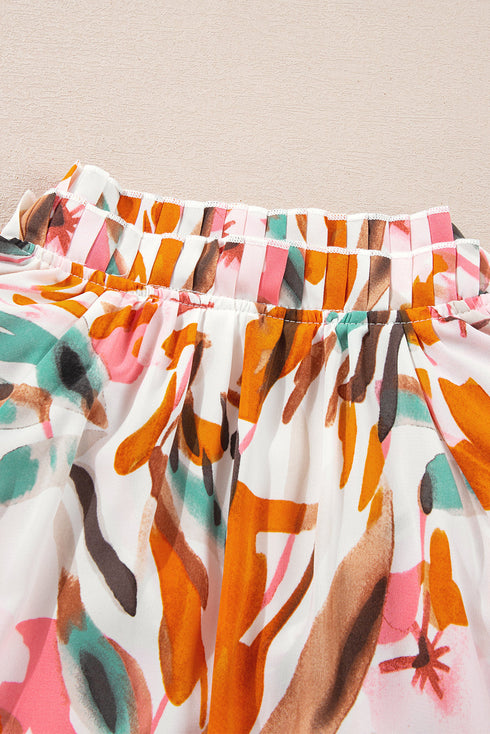 Abstract Print Frilled Neckline Drawstring Tie Blouse