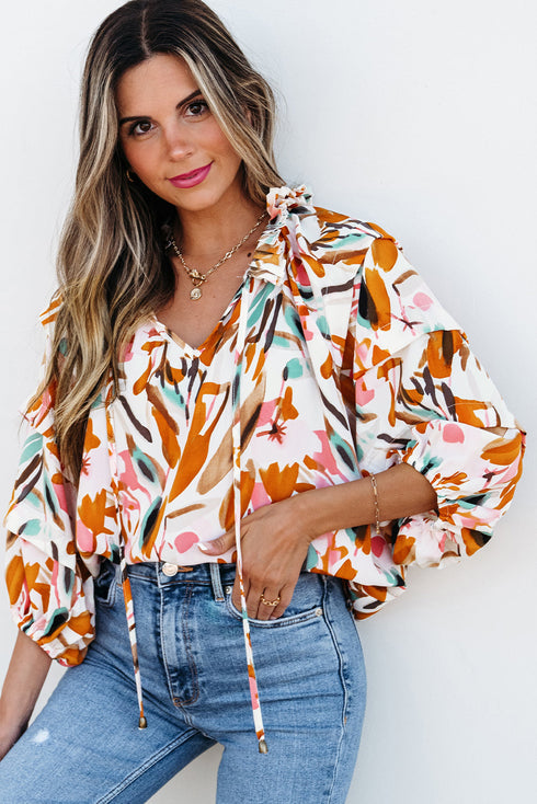 Abstract Print Frilled Neckline Drawstring Tie Blouse