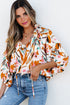 Abstract Print Frilled Neckline Drawstring Tie Blouse