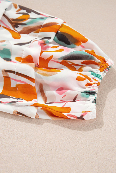Abstract Print Frilled Neckline Drawstring Tie Blouse