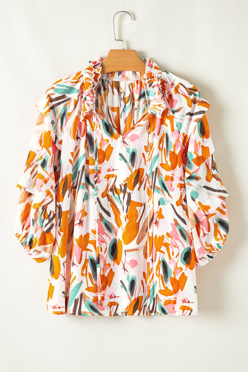 Abstract Print Frilled Neckline Drawstring Tie Blouse