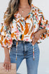 Abstract Print Frilled Neckline Drawstring Tie Blouse