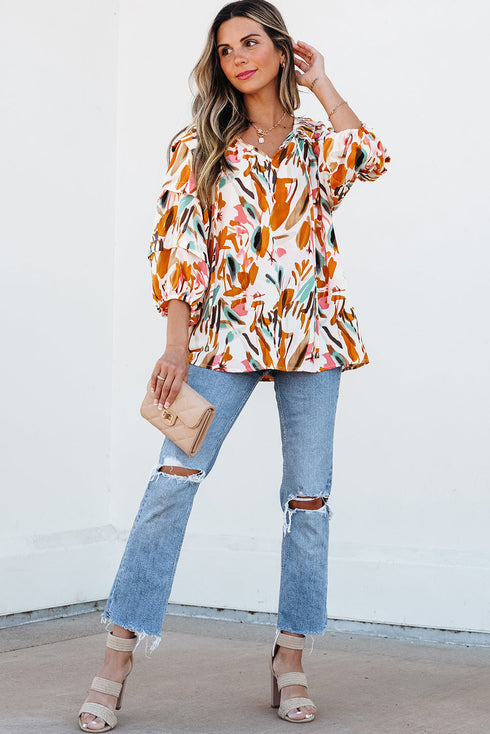Abstract Print Frilled Neckline Drawstring Tie Blouse