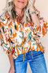 Abstract Print Frilled Neckline Drawstring Tie Blouse