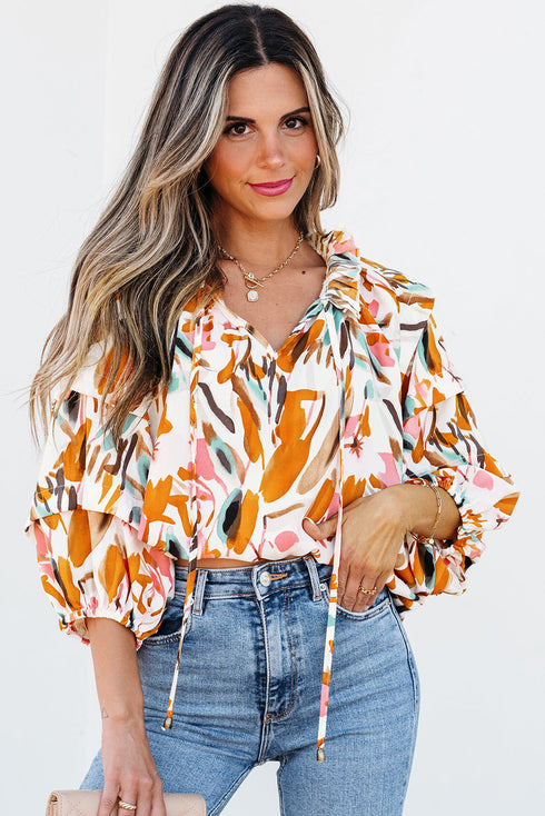 Abstract Print Frilled Neckline Drawstring Tie Blouse