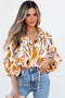 Abstract Print Frilled Neckline Drawstring Tie Blouse