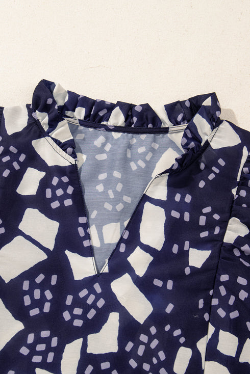 Abstract Print Frilled Puff Sleeve V Neck Blouse