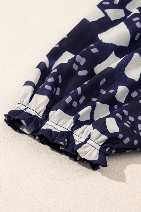 Abstract Print Frilled Puff Sleeve V Neck Blouse