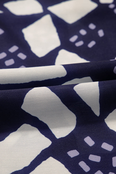 Abstract Print Frilled Puff Sleeve V Neck Blouse