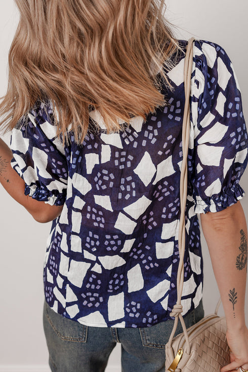 Abstract Print Frilled Puff Sleeve V Neck Blouse