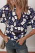 Abstract Print Frilled Puff Sleeve V Neck Blouse