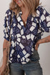 Abstract Print Frilled Puff Sleeve V Neck Blouse
