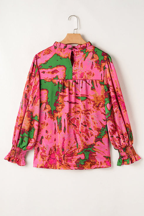 Abstract Print Frilly Mock Neck Puff Sleeve Blouse