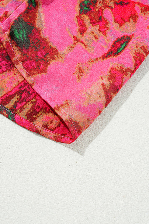 Abstract Print Frilly Mock Neck Puff Sleeve Blouse