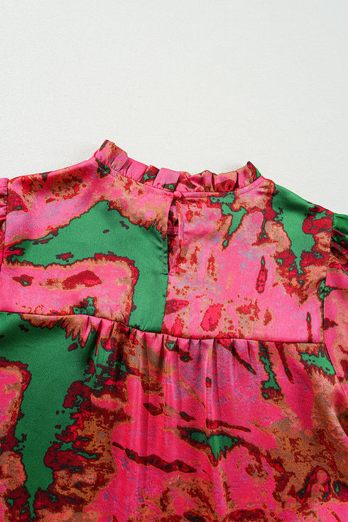 Abstract Print Frilly Mock Neck Puff Sleeve Blouse