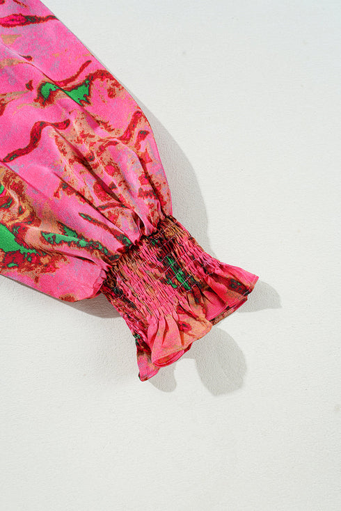 Abstract Print Frilly Mock Neck Puff Sleeve Blouse