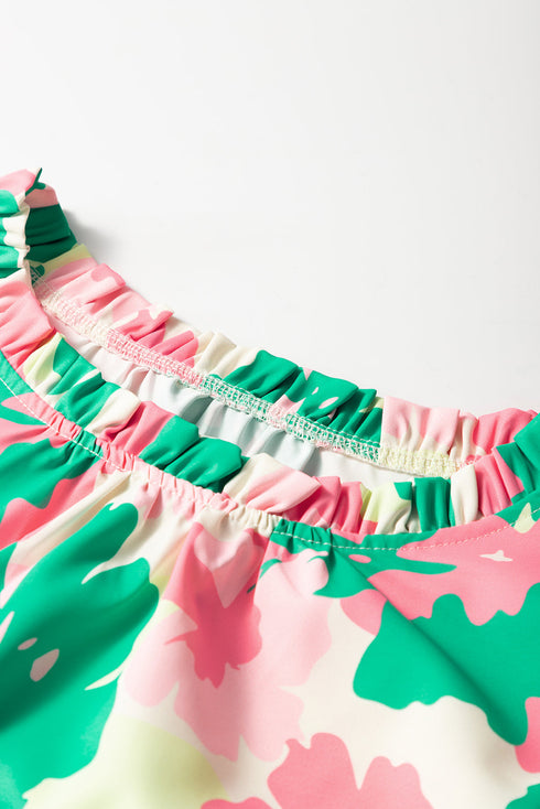 Abstract Print Frilly Mock Neck Ruched Sleeve Blouse