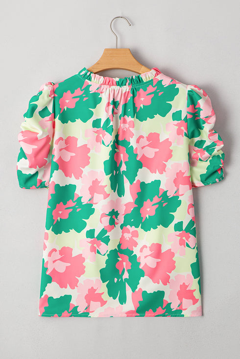 Abstract Print Frilly Mock Neck Ruched Sleeve Blouse