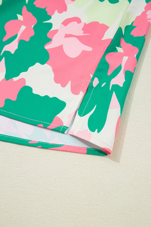 Abstract Print Frilly Mock Neck Ruched Sleeve Blouse