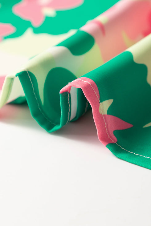 Abstract Print Frilly Mock Neck Ruched Sleeve Blouse