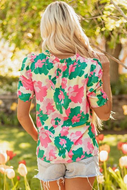 Abstract Print Frilly Mock Neck Ruched Sleeve Blouse