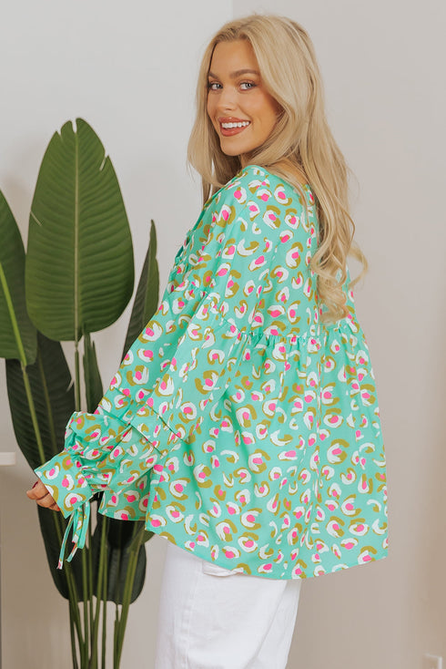 Abstract Print Lace Up Lantern Sleeve Babydoll Blouse