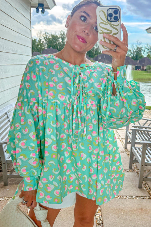 Abstract Print Lace Up Lantern Sleeve Babydoll Blouse