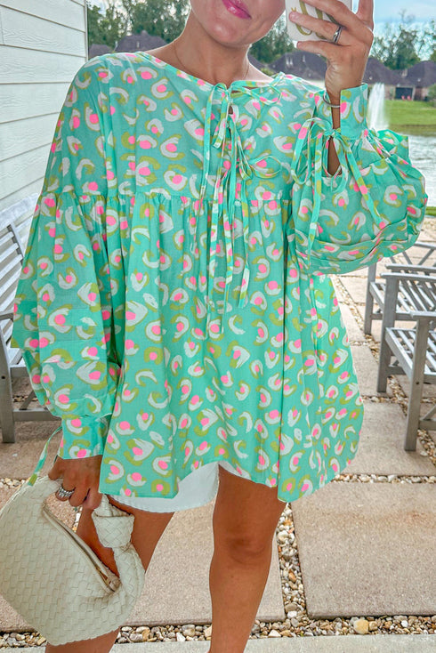 Abstract Print Lace Up Lantern Sleeve Babydoll Blouse