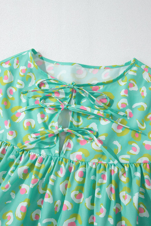 Abstract Print Lace Up Lantern Sleeve Babydoll Blouse