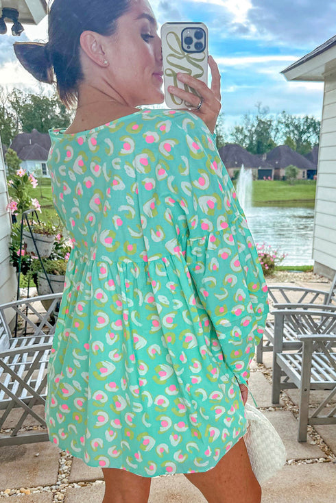 Abstract Print Lace Up Lantern Sleeve Babydoll Blouse