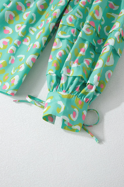 Abstract Print Lace Up Lantern Sleeve Babydoll Blouse