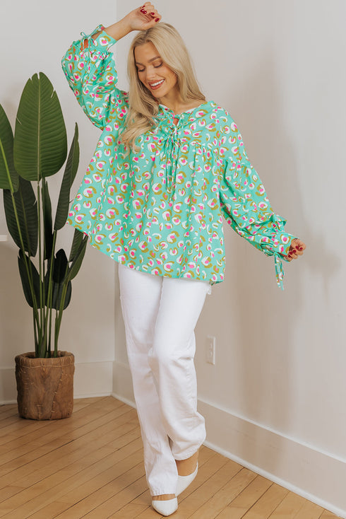 Abstract Print Lace Up Lantern Sleeve Babydoll Blouse