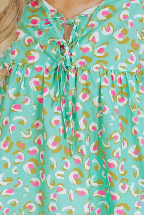 Abstract Print Lace Up Lantern Sleeve Babydoll Blouse