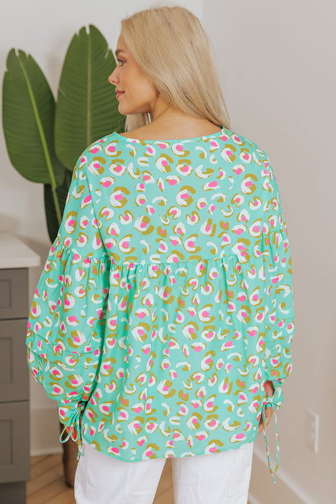Abstract Print Lace Up Lantern Sleeve Babydoll Blouse