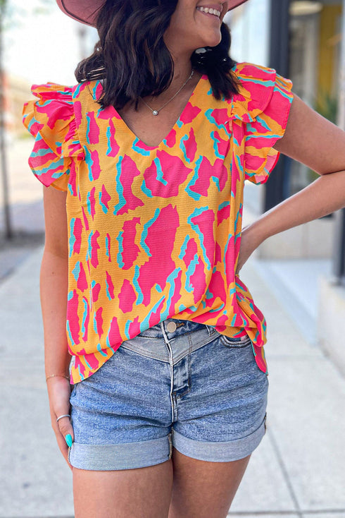 Abstract Print Layered Flutter Sleeve Woven Blouse