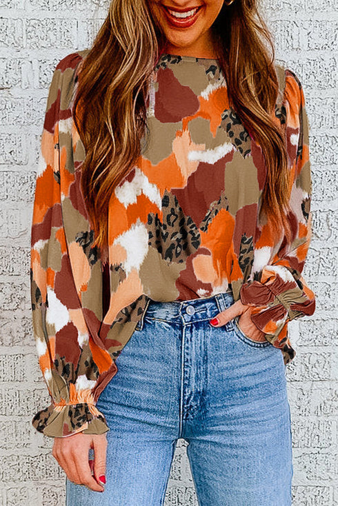 Abstract Print Long Sleeve Collared Button Down Shirt