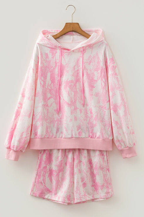 Abstract Print Loose Hoodie Slim Shorts 2Pcs Short Set