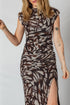 Abstract Print Mesh Ruched Cap Sleeve Bodycon Midi Dress