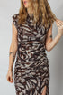 Abstract Print Mesh Ruched Cap Sleeve Bodycon Midi Dress