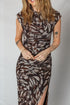 Abstract Print Mesh Ruched Cap Sleeve Bodycon Midi Dress