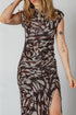 Abstract Print Mesh Ruched Cap Sleeve Bodycon Midi Dress